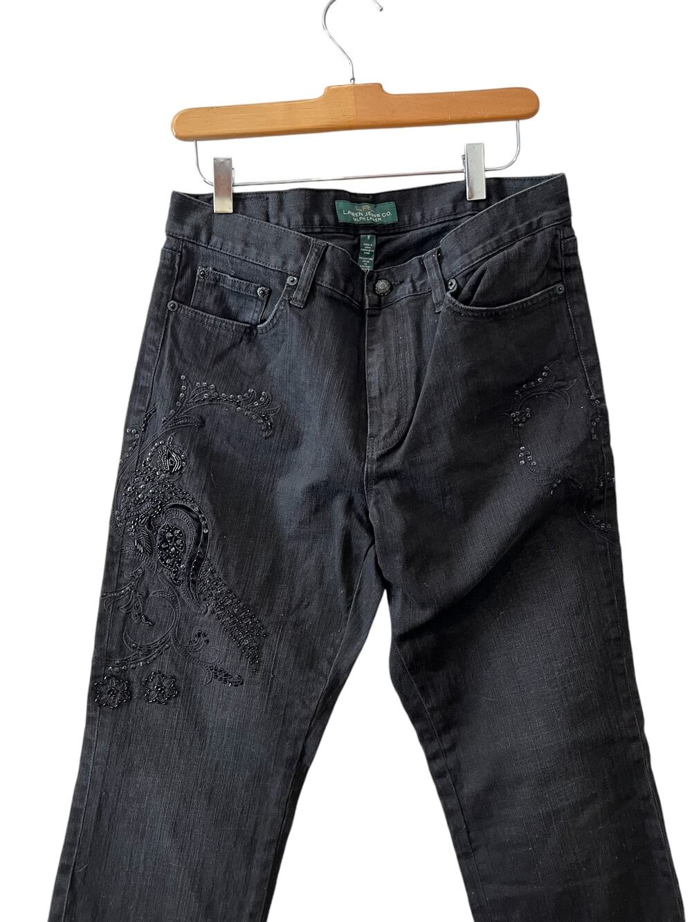 Y2K LRL Ralph Lauren Velvet & Beaded Trim Straight Leg Denim Jeans Black 8